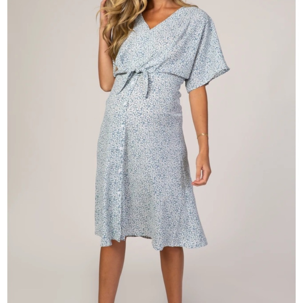 Blue Printed V-Neck Drop Shoulder Maternity Dress